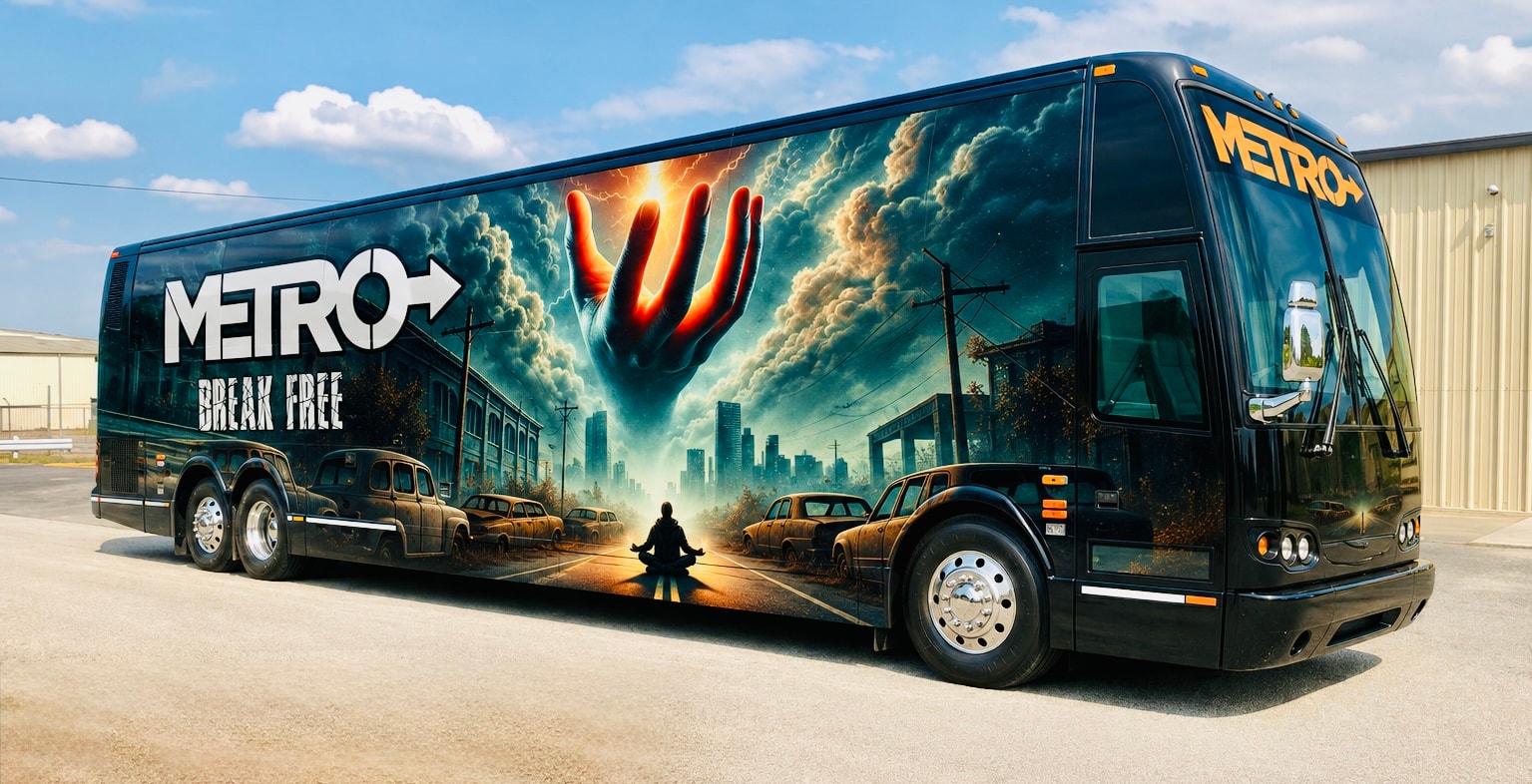 Metro tour bus with Break Free album artwork wrap